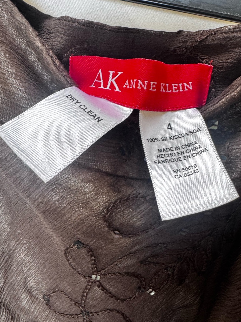 Anne Klein NEW Y2K 100% Silk Sheer Embroidered Sequin Midi Skirt Brown 4 Boho - Picture 10 of 16
